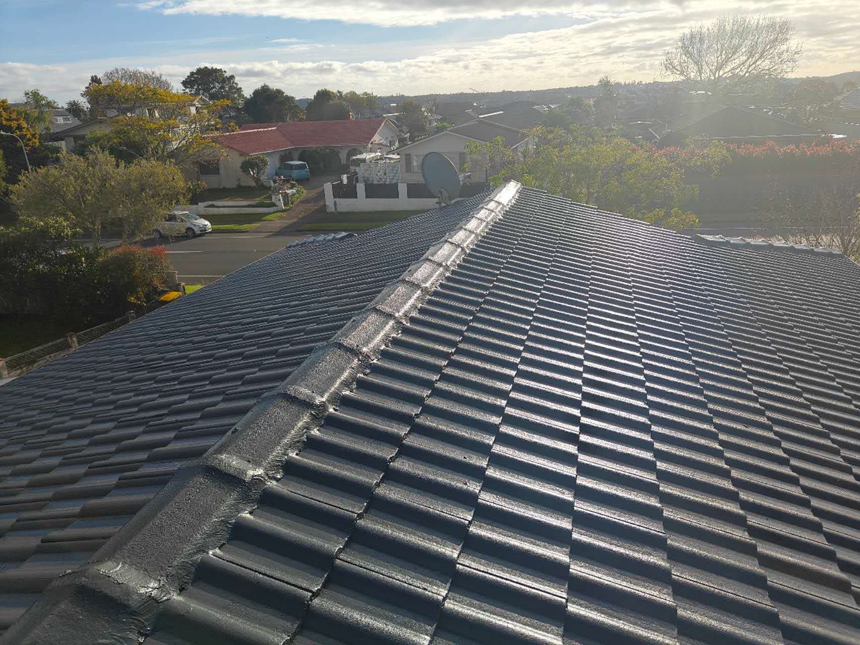 Auckland tile roof after respray — clean dark coating with suburb backdrop