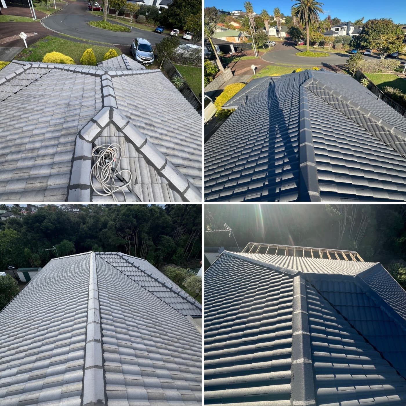 Multiple angles of an Auckland home after roof restoration — clean dark grey coating, sharp ridge lines