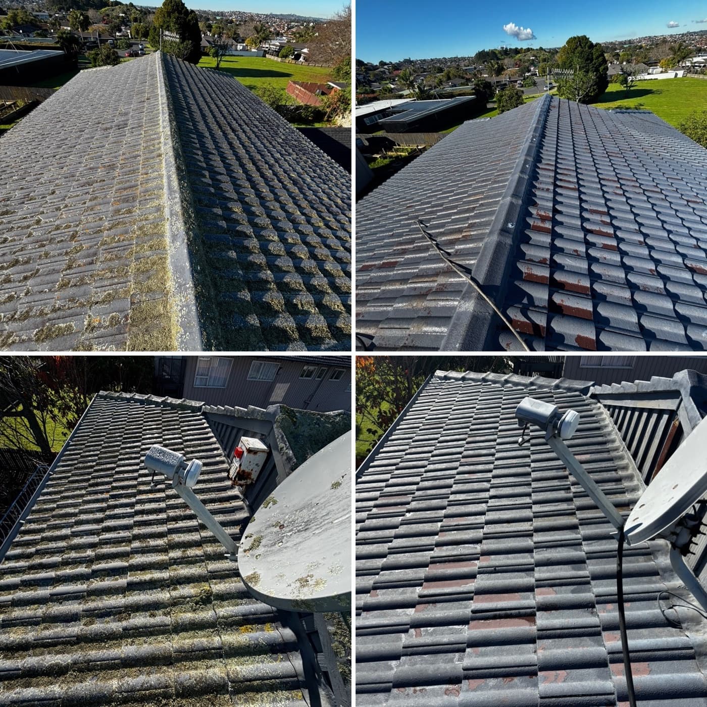 Drone-style before and after of a long Auckland tile roof — heavy moss removed and recoated